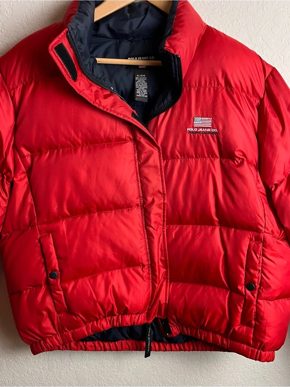 Vintage Polo Jeans Co Ralph Lauren Red Down Puffer Jacket Crop Y2K XL 90s Flag